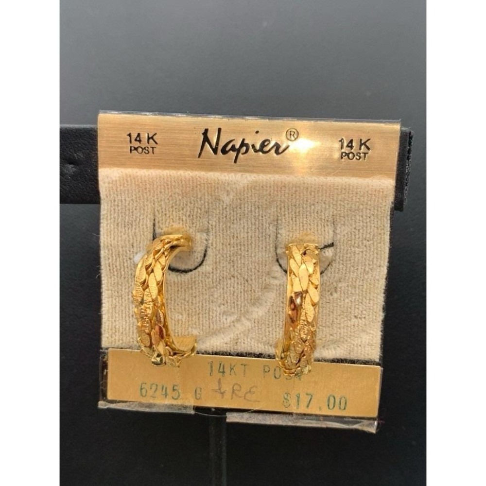 Vintage NOS Napier Textured Gold Tone Hoop Earrings With 14Kt Posts